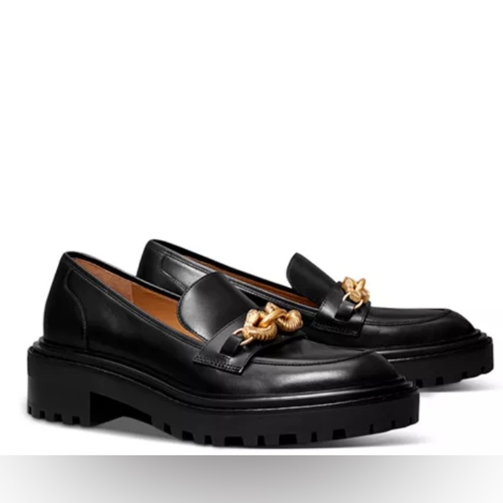 Tory Burch Black Loafers with Gold Chain - Picture 2 of 10